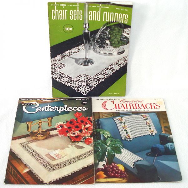 3 Crochet Pattern Instruction Books Chair Sets, Runners, Centerpieces Clearance