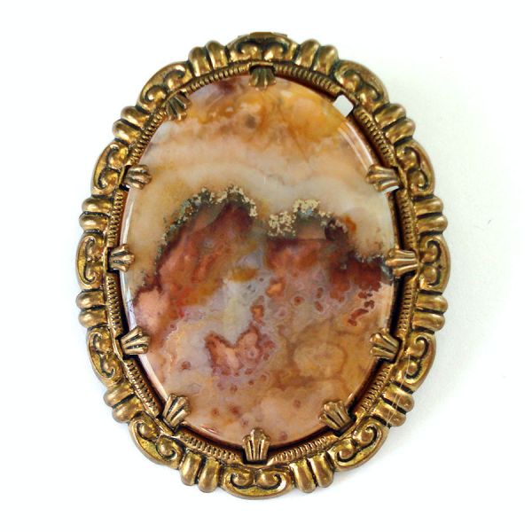Picture Agate Brooch Scenic Mountain Landscape Clearance