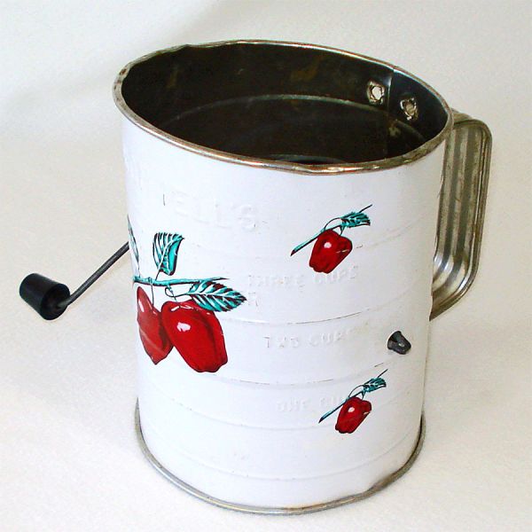 Bromwell 1940s Red Apples Decorated Tin Flour Sifter