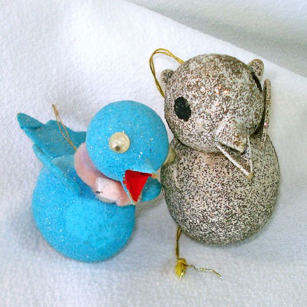 Pair 1950s Mica Glitter Bird Christmas Ornaments Clearance #3