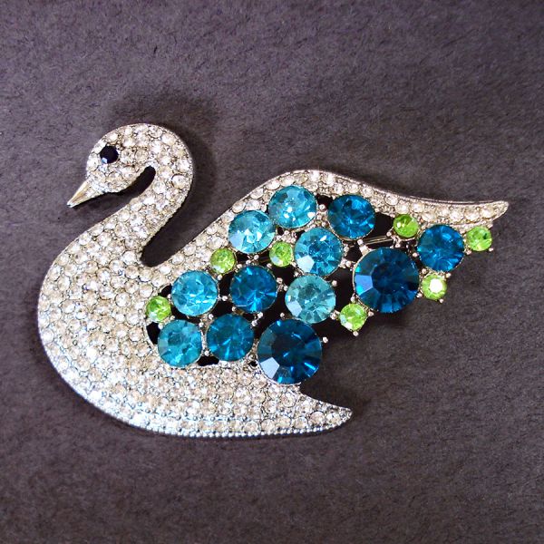 Blue and Green Rhinestone Swan Brooch Pin #3