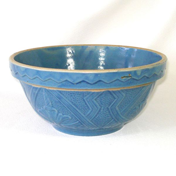 Blue Yellowware Number 10 Shoulder Mixing Bowl Flower Motifs #2