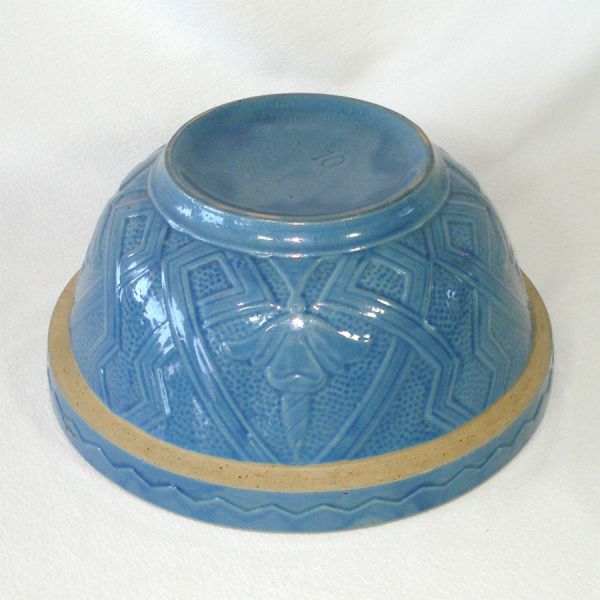 Blue Yellowware Number 10 Shoulder Mixing Bowl Flower Motifs #4