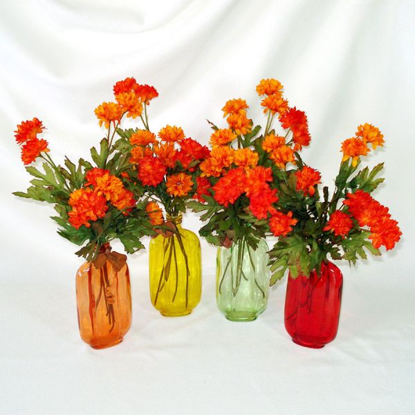 4 Colorful Glass Bottle Vases Silk Orange Mums Clearance
