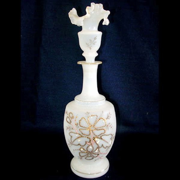 Antique Bristol Glass Enameled Ruffled Top Perfume or Dresser Bottle
