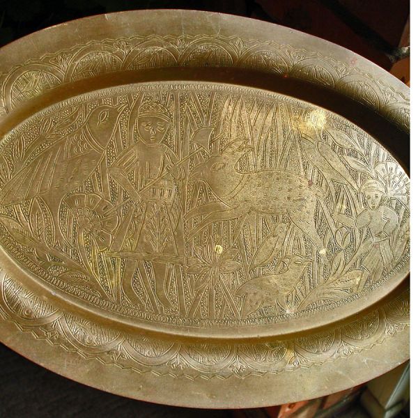 Persian Style Brass Tray Engraved Hunter, Animals Scene Clearance #2