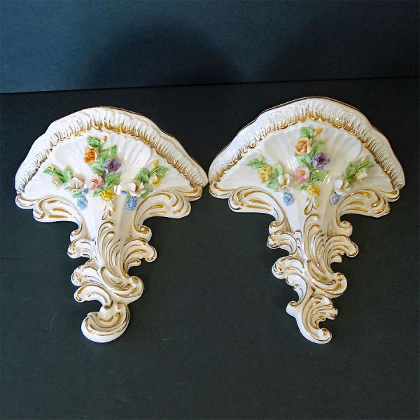 Italian Fine Porcelain Wall Bracket Shelves Pair Applied Flowers #8