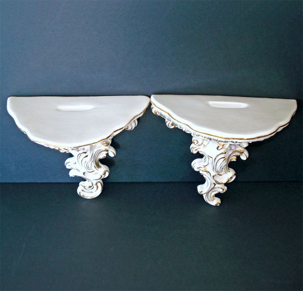 Italian Fine Porcelain Wall Bracket Shelves Pair Applied Flowers #2