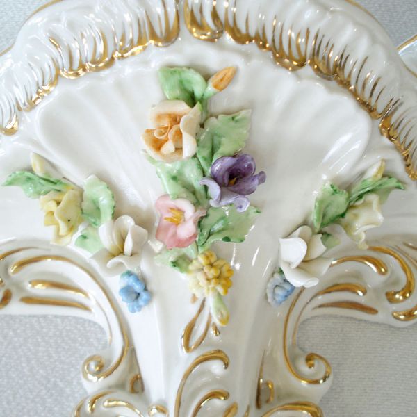 Italian Fine Porcelain Wall Bracket Shelves Pair Applied Flowers #3