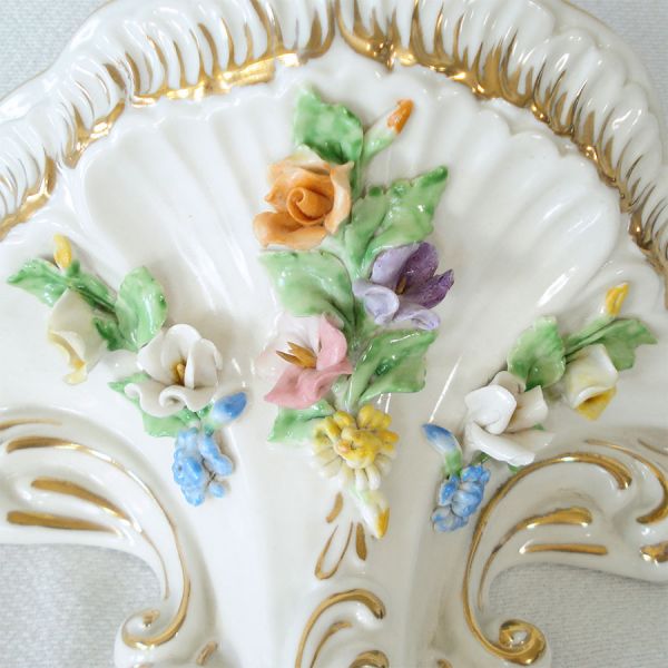 Italian Fine Porcelain Wall Bracket Shelves Pair Applied Flowers #4