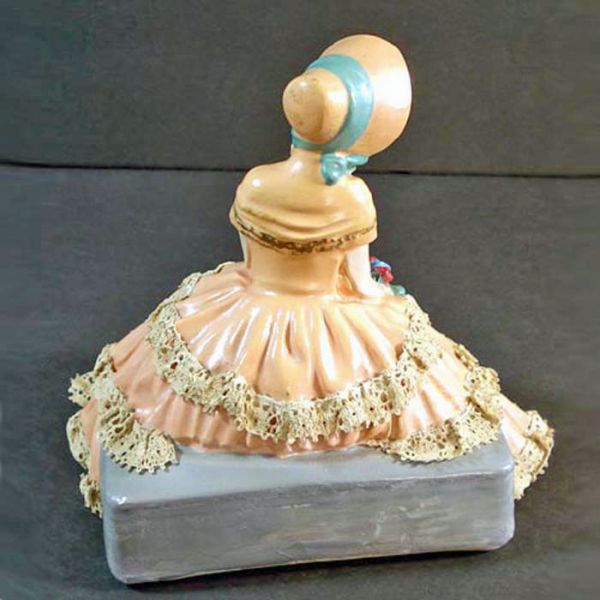 Realistic Chalkware Figurine Victorian Sunbonnet Lady Lace Dress #3