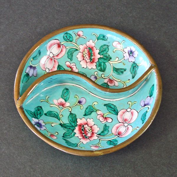 Divided Cloisonne Trinket Dish Pink Flowers on Green #2