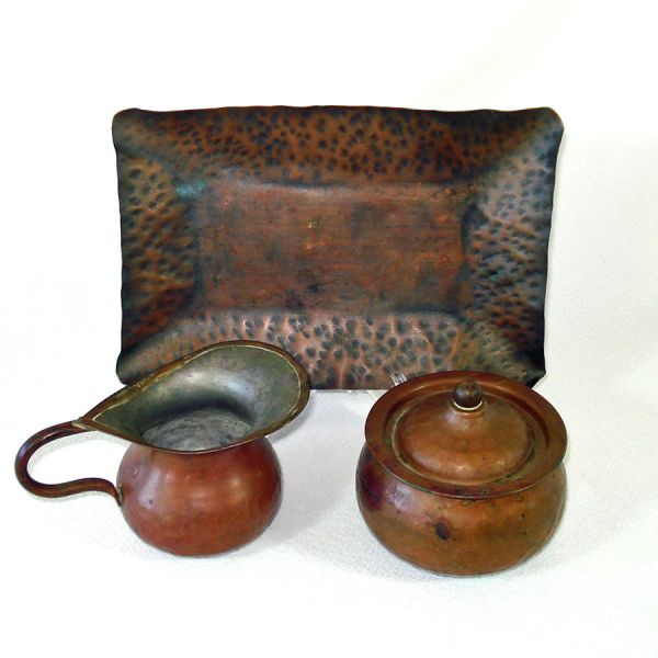 Antique Copper Creamer, Sugar, Tray Set #2
