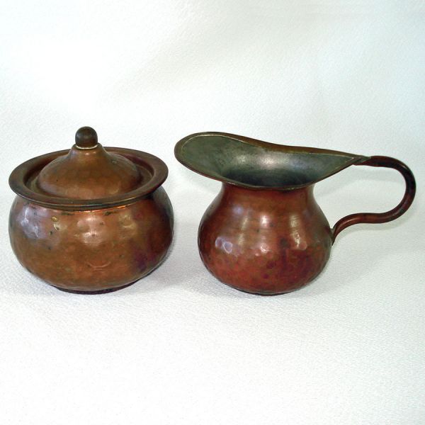 Antique Copper Creamer, Sugar, Tray Set #3