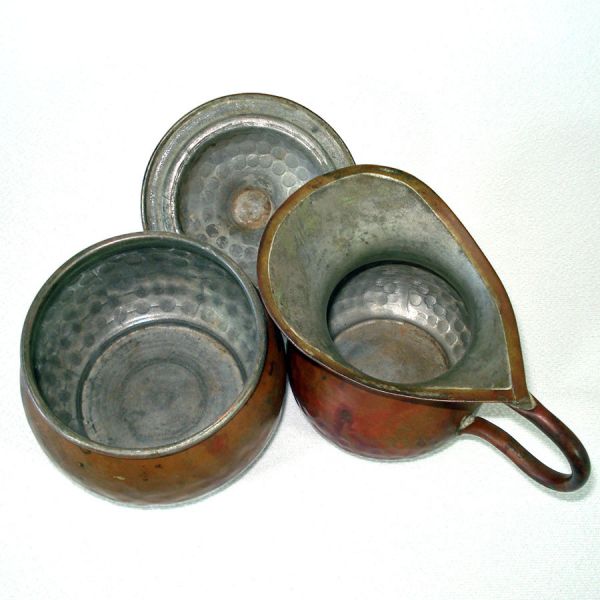 Antique Copper Creamer, Sugar, Tray Set #4