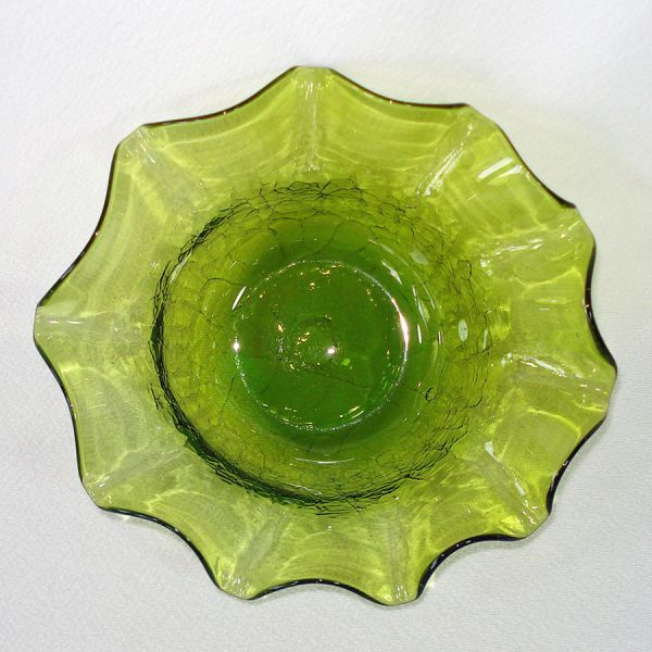 Olive Green Crackle Glass Ruffled Bowl Clearance #3