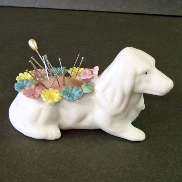 Bone China Dog Pin Cushion Applied Flowers Clearance