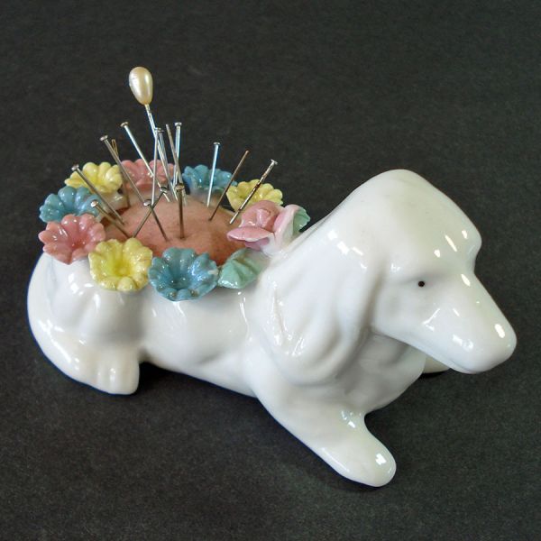 Bone China Dog Pin Cushion Applied Flowers Clearance #2