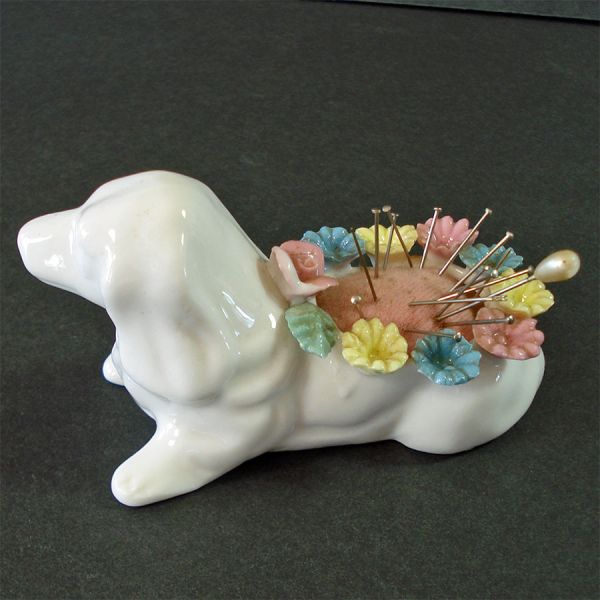 Bone China Dog Pin Cushion Applied Flowers Clearance #3
