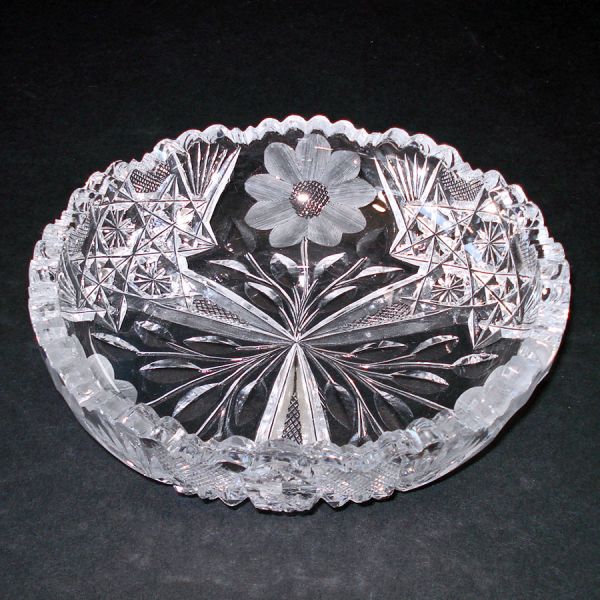 American Brilliant Cut Glass Low Bowl Flowers Etch Clearance