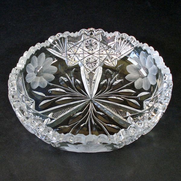 American Brilliant Cut Glass Low Bowl Flowers Etch Clearance #2