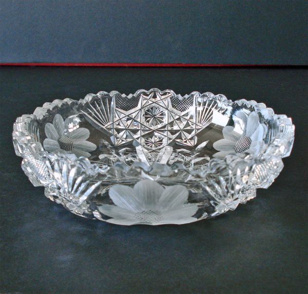 American Brilliant Cut Glass Low Bowl Flowers Etch Clearance #3