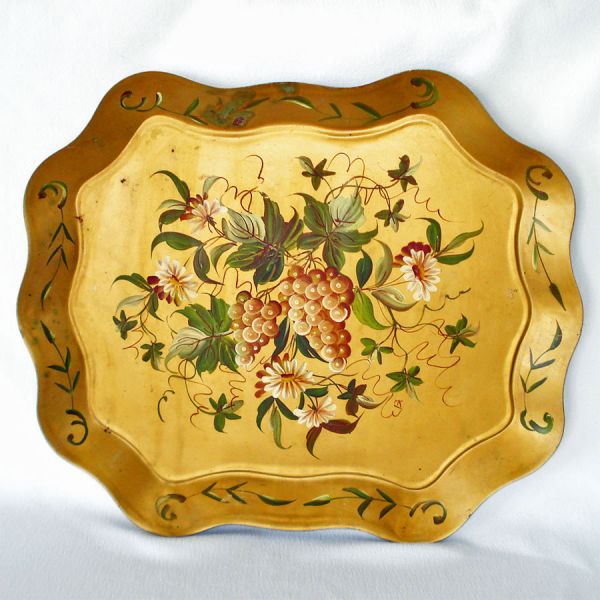 Grapes Flowers 21 Inch Hand Painted Gold Tole Tray
