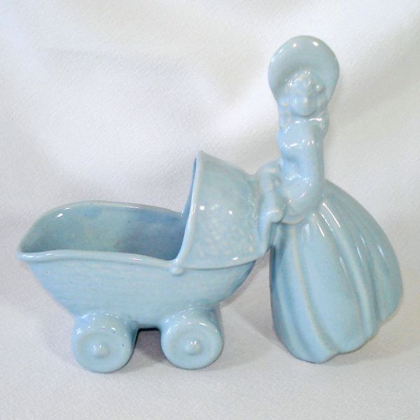 Haeger 1940s Blue Lady Pushing Baby Buggy Nursery Planter Clearance