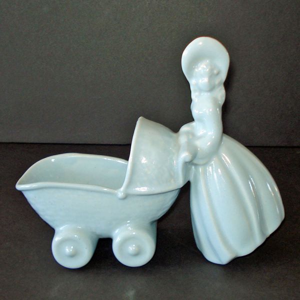 Haeger 1940s Blue Lady Pushing Baby Buggy Nursery Planter Clearance #5