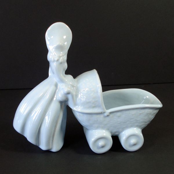 Haeger 1940s Blue Lady Pushing Baby Buggy Nursery Planter Clearance #2