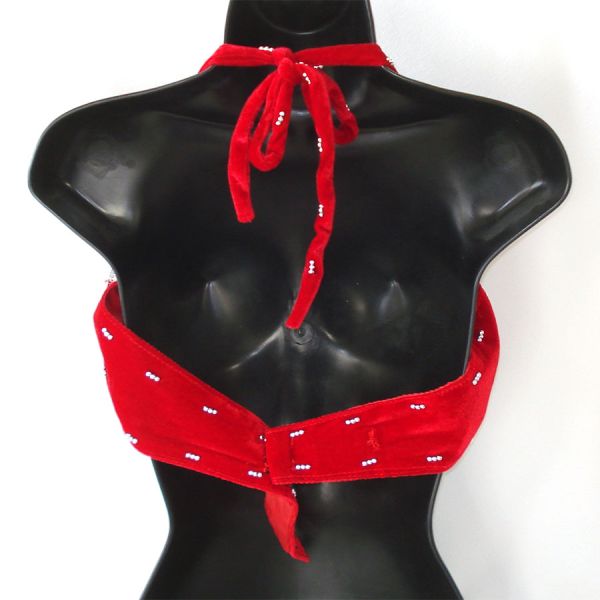 Red Velvet Belly Dance Halter Bra Silver Beads and Coins #2