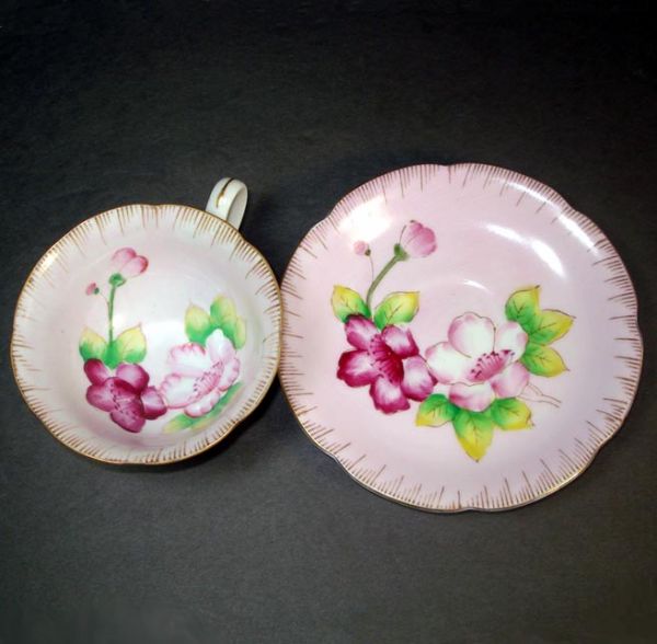 Pink Hibiscus Flower Hand Painted Porcelain Tea Cup and Saucer Clearance #3