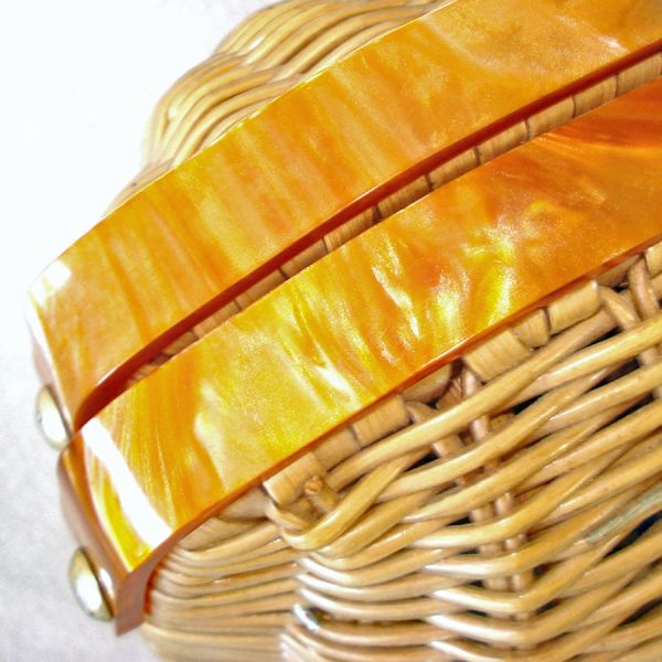 Woven Wicker Handbag Purse Swirled Lucite Trim #6