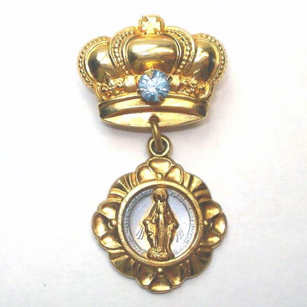 Goldtone Rhinestone Crown Pin Brooch Miraculous Mary Medal Clearance #2
