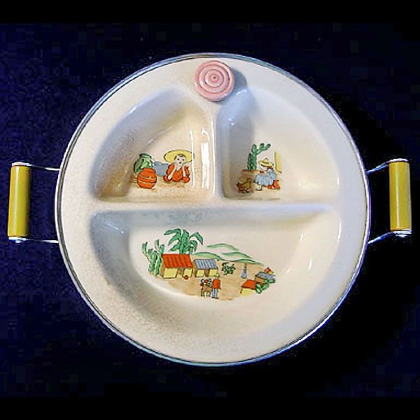 Excello 1930s Childs Covered Feeding Dish Southwest Theme Clearance