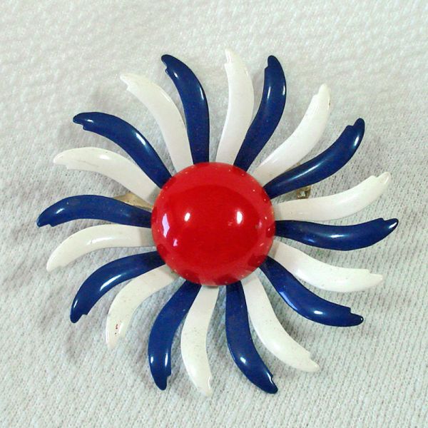 Red Blue White Enameled Flower Power Pin Brooch Clearance