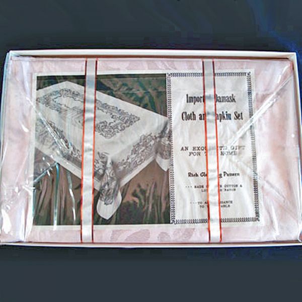 1950s Pink Damask Tablecloth Napkins Set Mint in Box Clearance #3