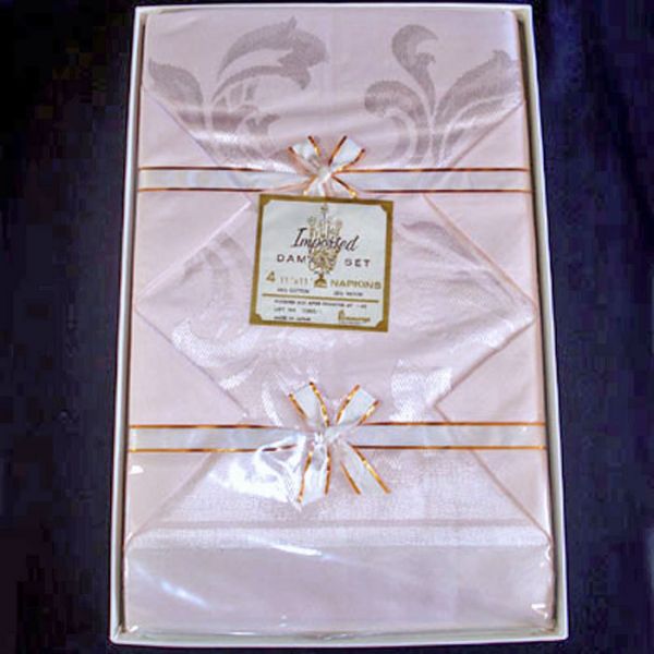 1950s Pink Damask Tablecloth Napkins Set Mint in Box Clearance