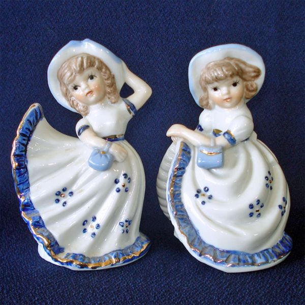 Blue White Pair Porcelain Petticoat Girls Figurines Clearance