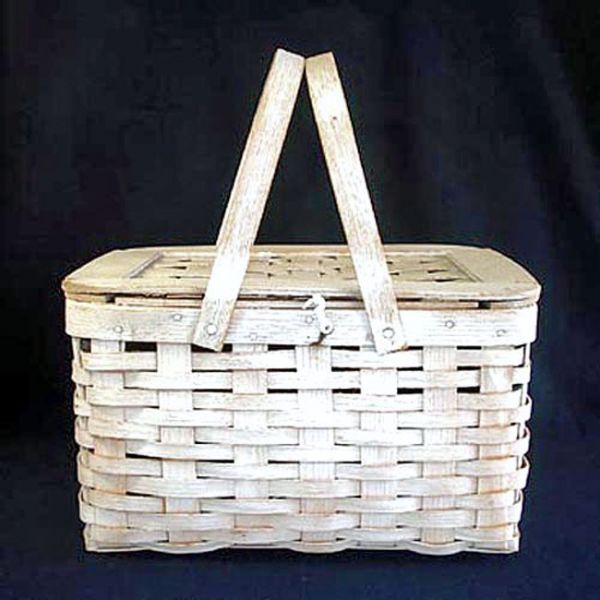 Whitewashed Woven Wood Picnic Basket Clearance