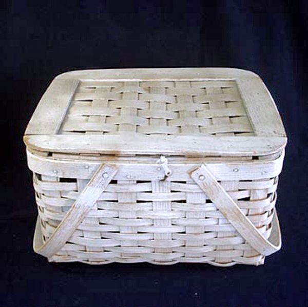 Whitewashed Woven Wood Picnic Basket Clearance #2