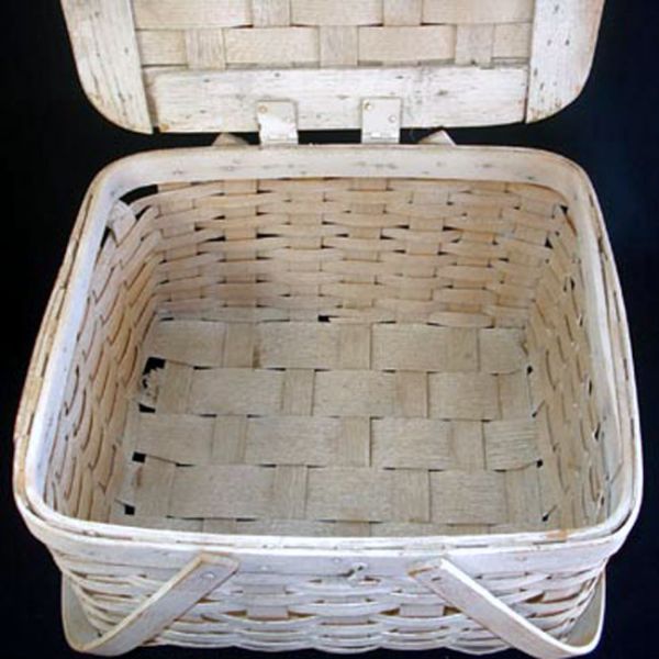 Whitewashed Woven Wood Picnic Basket Clearance #3