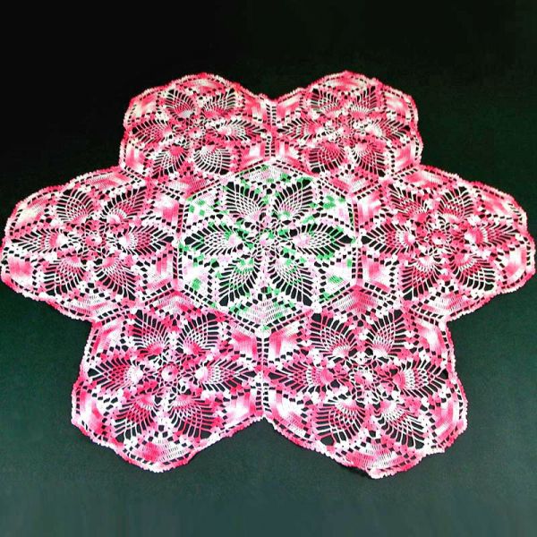 Large 26 Inch Pink White Green Crocheted Doily