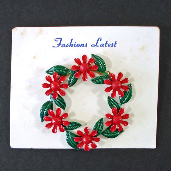 Enamel Red Green Flower Wreath Brooch Pin Clearance
