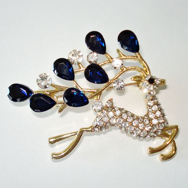 Christmas Leaping Reindeer Brooch Pin Blue Clear Rhinestones