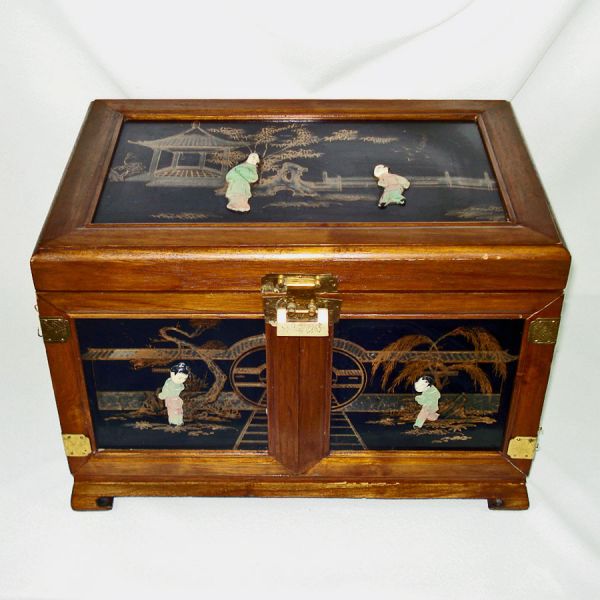 Large Vintage Jewelry Chest Soapstone Asian Figures
