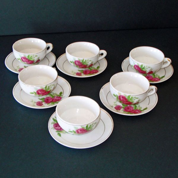 Child's 1950s Ceramic Toy Tea Dinnerware Set Pink Roses #3