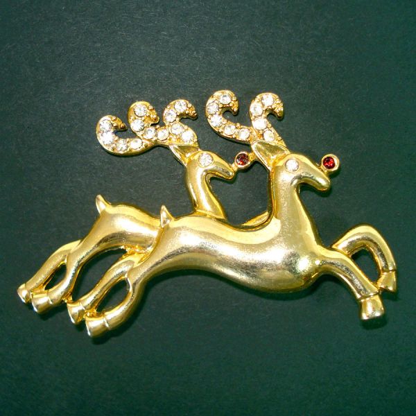 Double Reindeer Rhinestone Goldtone Christmas Brooch Pin Clearance #2