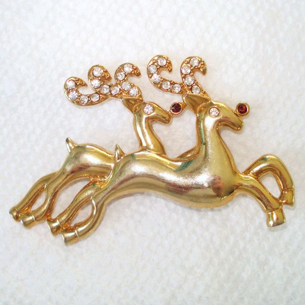 Double Reindeer Rhinestone Goldtone Christmas Brooch Pin Clearance