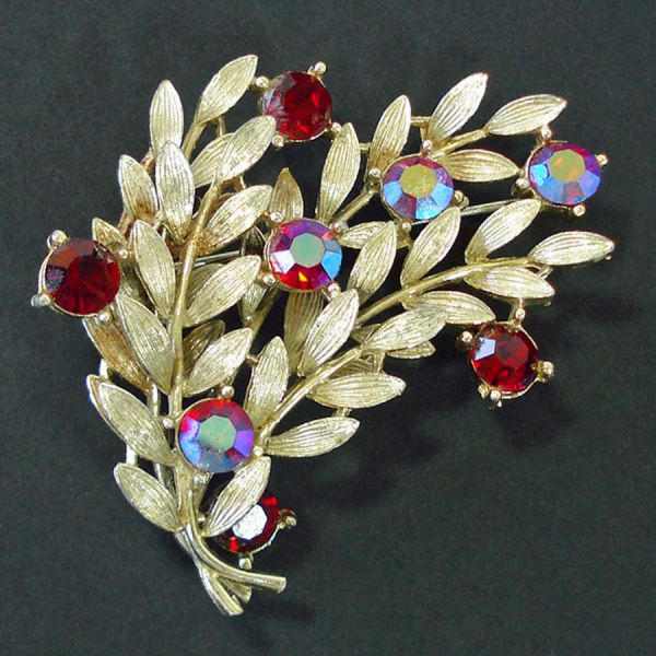 Lisner Layered Leafy Branches Red Rhinestone Brooch Pin Clearance